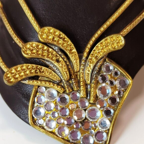 Vintage Luigi Briglia Black Leather & Rhinestone Cuff Bracelet Italian Designer - Picture 3 of 8